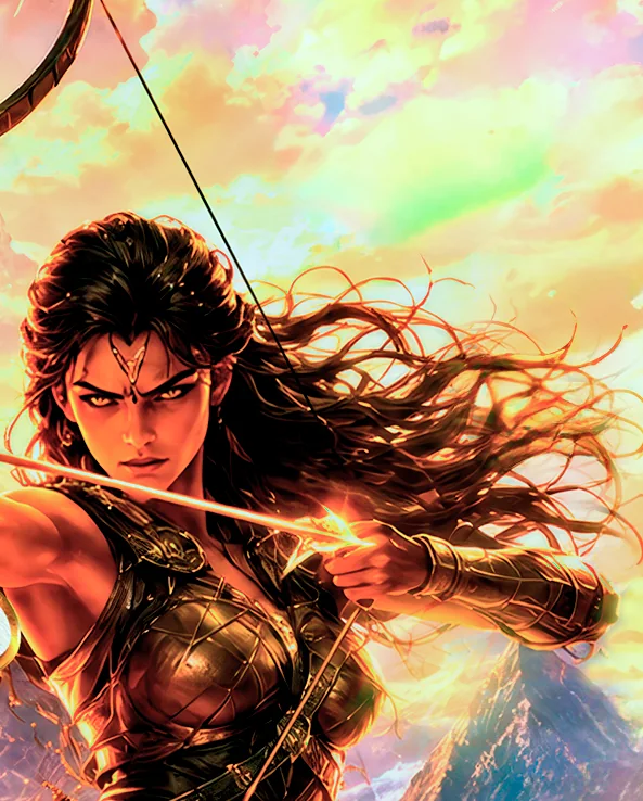 Hippolyta drawing her bow, from the RogueGods key art