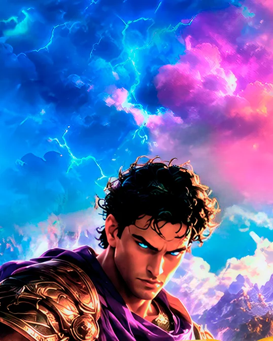 Theseus under a stormy sky, from the RogueGods key art