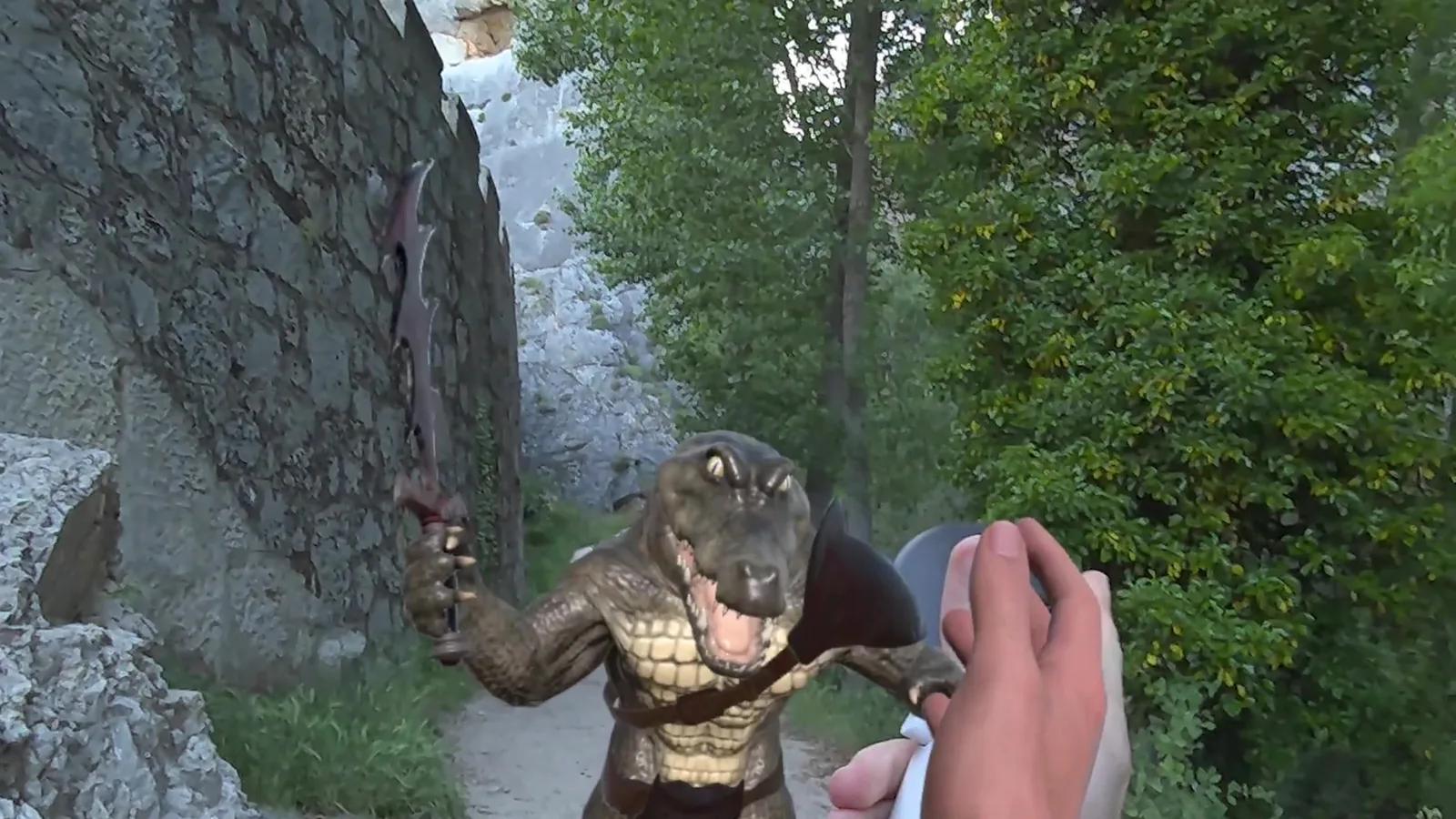 Mixed reality: a crocodile warrior blocks a real stone alley