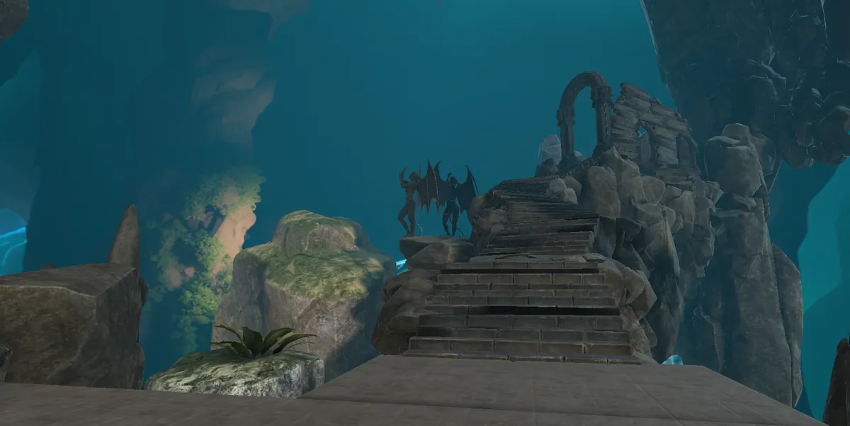 Underground caverns lit in turquoise